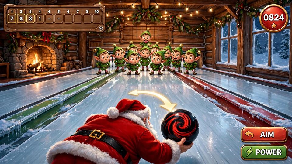 Santa's Strike — Santa bowling, elves as the pins